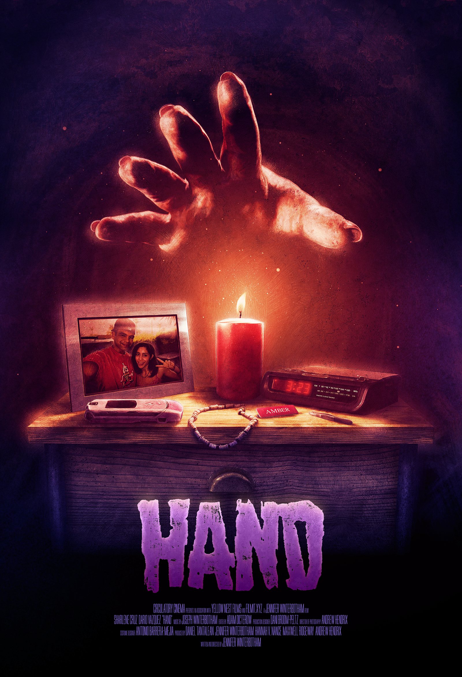 HAND poster art — purple key art with a hand emerging from a candle, with a couple's photo on a nightstand